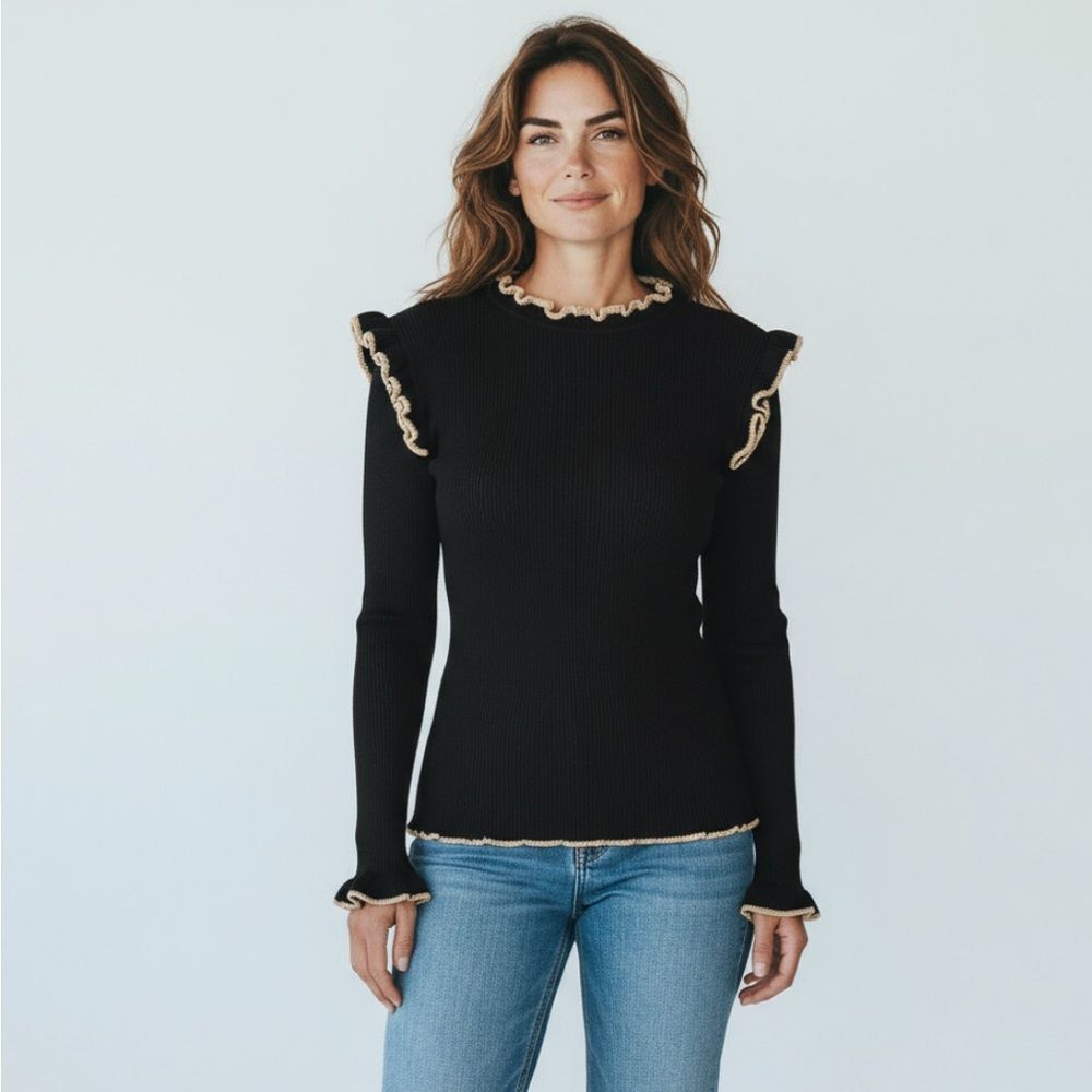 Dance & Marvel Black Ribbed Ruffle Sweater – Size S - Picture 1 of 16